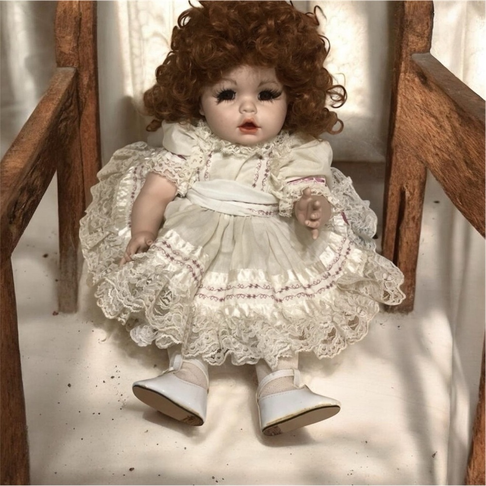 Porcelain Handcrafted 1989 Jointed Baby Doll With Long Curly Auburn Hair